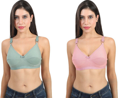 valvette Women's Cotton Bra Soft Fabric | Adjustable Straps Women Everyday Non Padded Bra(Pink, Green)