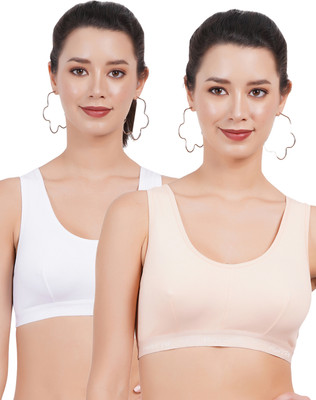 FigureFit SB03 Double Layered Women Sports Non Padded Bra(White, Beige)