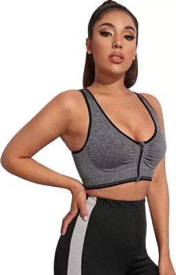 Zylum Fashion Zipper Front Design High Impact Sports Bra for Women Ideal for Gym Running &Yoga Women Sports Lightly Padded Bra(Grey)