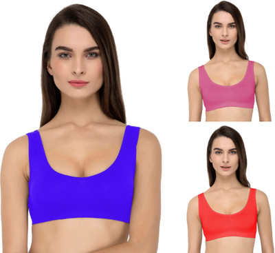 Guru Krupa Traders Women's Cotton Lycra Non Padded Pull On Spport Bra For Everyday Wear Women Sports Non Padded Bra(Blue, Pink, Red)