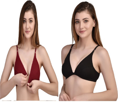 Desiprime Stylish B Cup Front Open Bra Set of 2 Women Plunge Non Padded Bra(Black, Maroon)