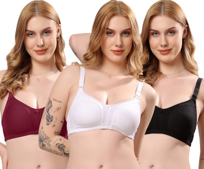 London Hills Women's Non Padded Bra | Wire Free Full Coverage Cotton Blend Bra Women Full Coverage Non Padded Bra(Maroon, White, Black)