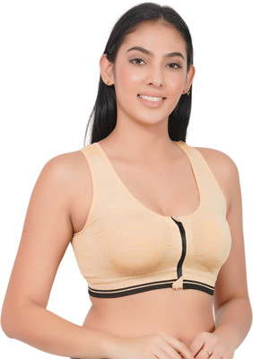 FANDOM 4U Zipper Front Design Women Sports Lightly Padded Bra(Beige)