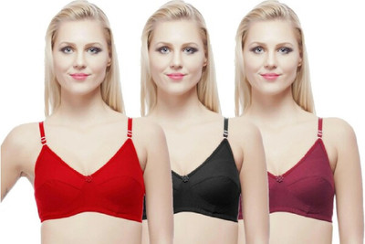 KIRROX Cotton Bra Set Pack of 3 - Full Coverage, Non-Padded wirefree Women Full Coverage Non Padded Bra(Red, Black, Maroon)