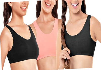 BRAAFEE Pack of 3 Girls Stretchable Cotton sports non padded seamless sports gym bra Women Sports Non Padded Bra(Black, Pink)