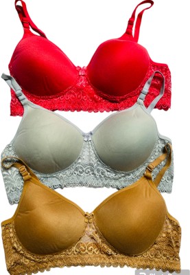 FANMADE Women Push-up Lightly Padded Bra(Red, Grey, Gold)