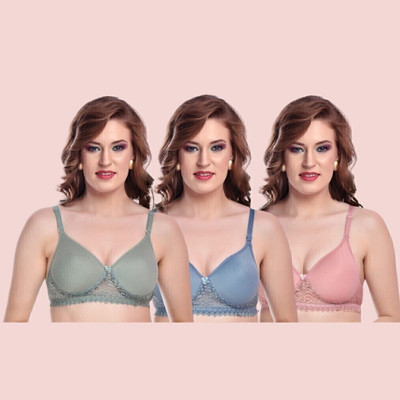 ellevia Pack of 3 Lightly Padded Non-Wired Lace Bra for Women | Cotton Blend Women Everyday Lightly Padded Bra(Green, Blue, Pink)