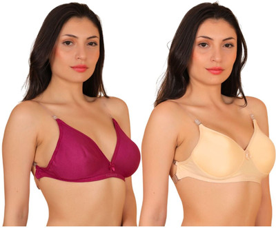 Femozy Transparent strap Full coverage daily Bra Women Full Coverage Non Padded Bra(Beige, Pink)