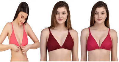 Desiprime Stylish B Cup Front Open Bra Set of 3 Women Plunge Non Padded Bra(Maroon, Red)