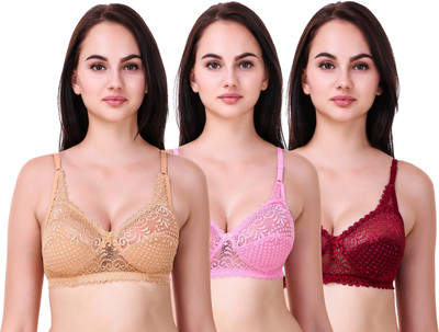 INOS Pack of 3 Women’s Lace Bralette | Non-Padded Wire-Free Bras Women T-Shirt Lightly Padded Bra(Maroon, Pink, Beige)