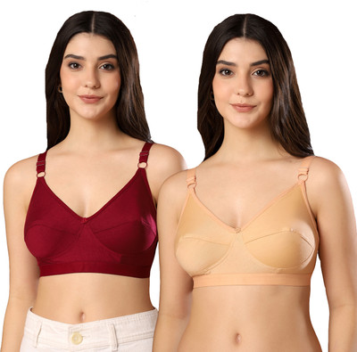 Paavki Pack of 2 PC Cotton Elastane Stretch Wire Free Non Padded Full Coverage Bra Women Everyday Non Padded Bra(Maroon, Beige)