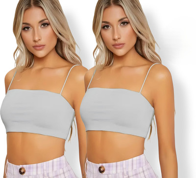 Maitri Pack of 2 Women's Spaghetti Strap Sleeveless Cropped Cami Top Women Everyday Lightly Padded Bra(Grey)