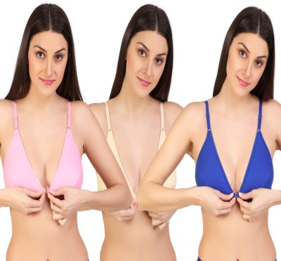 ALYANA Woman's Cotton Bra Combo Set Non Wired | Non Padded | Front-Open T-Shirt Bra Women Plunge Non Padded Bra(Pink, Beige, Blue)