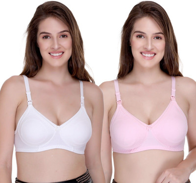 SONA Breast Feeding Maternity for Milk Feeding Elastic Straps for Nursing Women Maternity/Nursing Non Padded Bra(Pink, White)