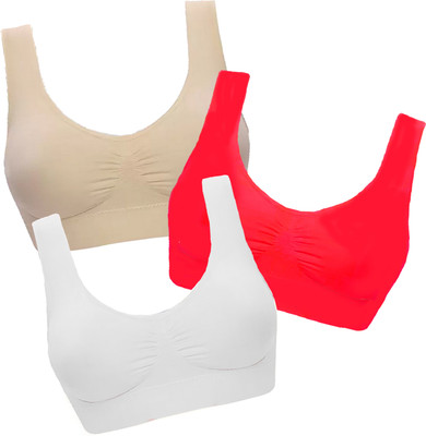 CHARMMODE Combo of 3 fully stretchable cotton everyday Sports bra Women Sports Non Padded Bra(White, Beige, Red)