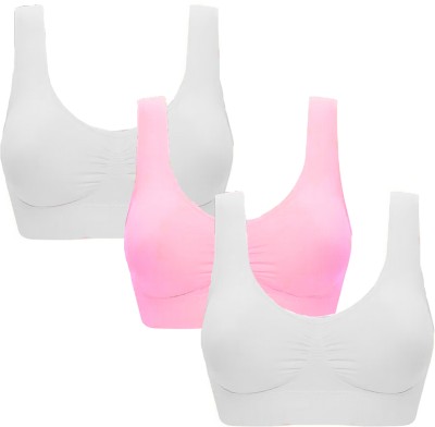 texello Pack of 3 Girls Stretchable Cotton Air sports non padded seamless sports gym bra Women Sports Non Padded Bra(Pink, White)