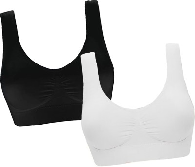 CHARMMODE Combo of 2 fully stretchable cotton everyday Sports bra Women Sports Non Padded Bra(Black, White)