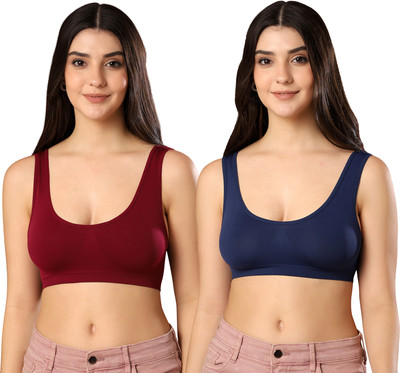 Paavki Women's Stretchable Hosiery Non-Padded Wired Free Full Coverage Sports Air Bra Women Sports Non Padded Bra(Maroon, Dark Blue)