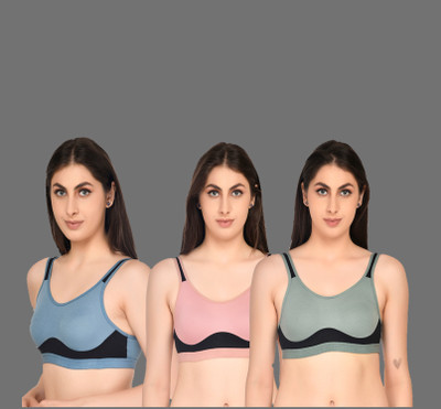 ASHMIRAS Pack of 3 Women Sports Non Padded Bra(Light Blue, Light Green, Pink)