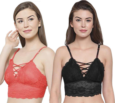 IndiRocks Women's Lace Solid Padded Full Cup Wire Free Bralette Bra Women Bralette Lightly Padded Bra(Black, Orange)