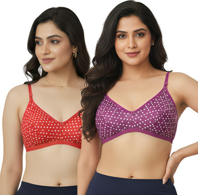 Aimly Aimly Cotton Non-Padded Non-Wired Printed Bra Purple Red 32 Pack of 2 Women Everyday Non Padded Bra(Purple, Red)