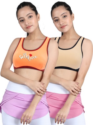 Dchica Regular Broad Strap Bra for Girls Non-Wired Gym Workout Girls Sports Non Padded Bra(Orange, Beige)