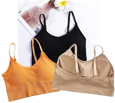 SoftSway Women Cotton Padded Wire Free Sports Bra Free Size Pack of 3 Women Bralette Lightly Padded Bra(Black, Yellow, Beige)
