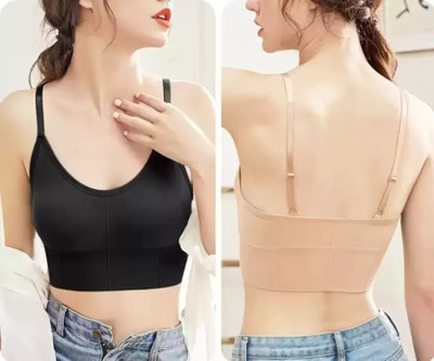 LASSIEGARB Women Bralette Lightly Padded Bra(Black, Beige)