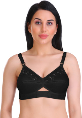 Featherline Pure Cotton Perfect Fitted Embroidered Everyday (Elastic Straps) - Sonnet Women Full Coverage Non Padded Bra(Black)