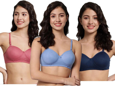 ROSIPO Women T-Shirt Lightly Padded Bra(Pink, Light Blue, Dark Blue)