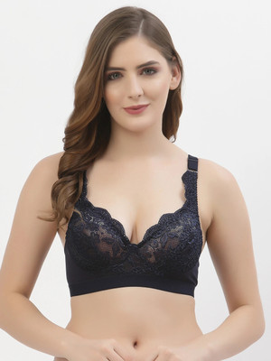 Floret Double Layer Seamed-Cups Bra Non Padded & Full Coverage Lace Bra Women Full Coverage Non Padded Bra(Blue)