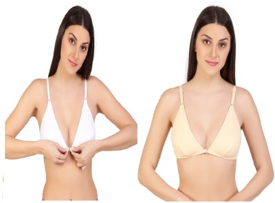 Desiprime Stylish B Cup Front Open Bra Set of 2 Women Plunge Non Padded Bra(White, Beige)