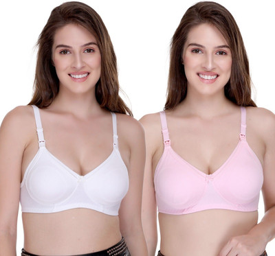 SONA Breast Feeding Maternity for Milk Feeding Elastic Straps for Nursing Women Maternity/Nursing Non Padded Bra(White, Pink)