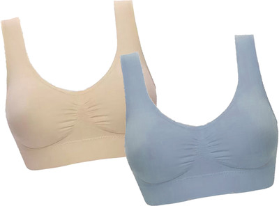 CHARMMODE Combo of 2 fully stretchable cotton everyday Sports bra Women Sports Non Padded Bra(Grey, Beige)