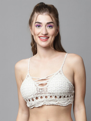 Quttos Quttos Handmade Cotton Crochet Bralette Bikini top Beach Knit Bralette Women Bralette Lightly Padded Bra(White)