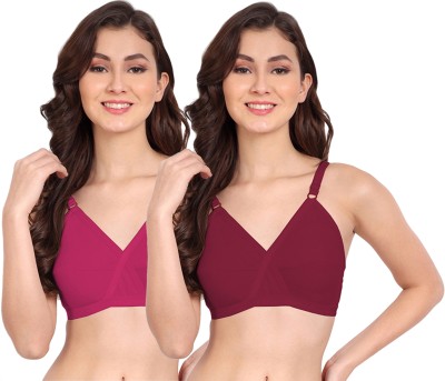 FIMS Women Cotton Blend Solid Non-Padded Pink Maroon Women Everyday Non Padded Bra(Pink, Maroon)