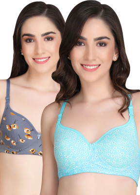 Liigne Printed Padded Bra (Pack Of 2) Women Full Coverage Lightly Padded Bra(Grey, Blue)