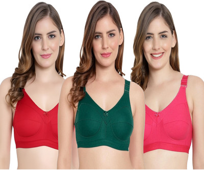 SIMLO Premium Bra Women Full Coverage Non Padded Bra(Red, Dark Green, Pink)