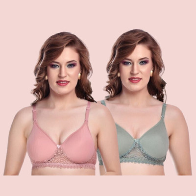 ellevia Pack of 2 Lightly Padded Non-Wired Lace Bra for Women | Cotton Blend Women Everyday Lightly Padded Bra(Green, Pink)