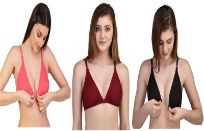 Zourt Stylish B Cup Front Open Bra Set of 3 Women Plunge Non Padded Bra(Maroon, Black, Pink)