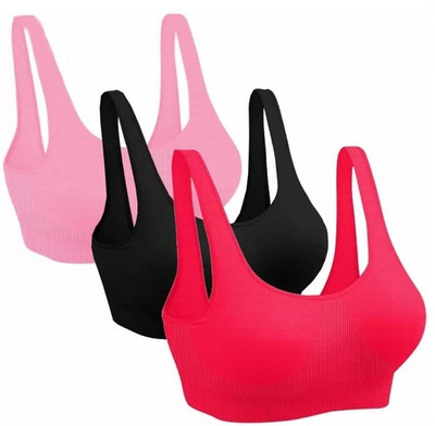 Texelllo Pack of 3 Girls Stretchable Cotton sports non padded seamless sports gym bra Women Sports Non Padded Bra(Multicolor)