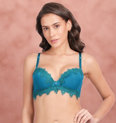 Susie Susie Aquarius Blue Lace Neckline and Bottom Lace Wired Push Up Bra Women Push-up Heavily Padded Bra(Blue)