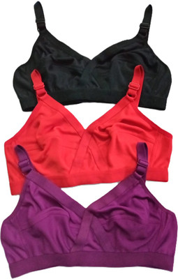 skinbeauty Women's Cotton Non Padded Full Coverage Bra with Adjustable Straps Pack of 3 Women Everyday Non Padded Bra(Black, Purple, Red)