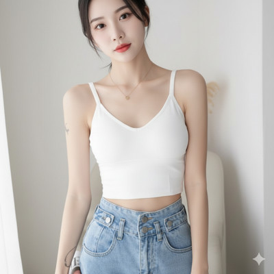 LUWEAR White Crop Cami Bralette Top & High-Waisted Jeans Outfit - Casual Summer Style Women Full Coverage Lightly Padded Bra(White)