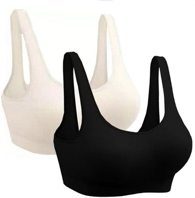 texello Pack of 2 Girls Stretchable Cotton sports non padded seamless sports gym bra Women Sports Non Padded Bra(White, Black)