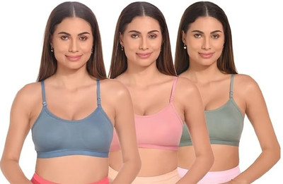 ShopEazy Women’s Cotton Non-Padded Wire-Free Sports Bra (Pack of 3) Women Everyday Non Padded Bra(Blue, Green, Pink)