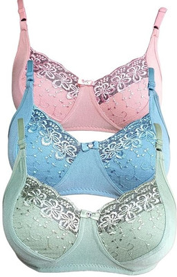 SIDA NET BRA STYLISH Women T-Shirt Non Padded Bra(Pink, Light Green, Light Blue)