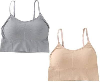 Tood Fashion Women And Girls Adjustable Strap Cotton Blend Women Sports Lightly Padded Bra(Grey, Beige)