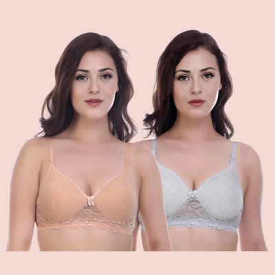 ellevia Lightly Padded Non-Wired Lace Bra for Women | Cotton Blend Women Everyday Lightly Padded Bra(Beige, Grey)