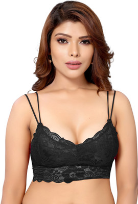 LORLIVA Women's Net Lightly Padded Wirefree Full Coverage Bralette Bra Women Bralette Lightly Padded Bra(Black)